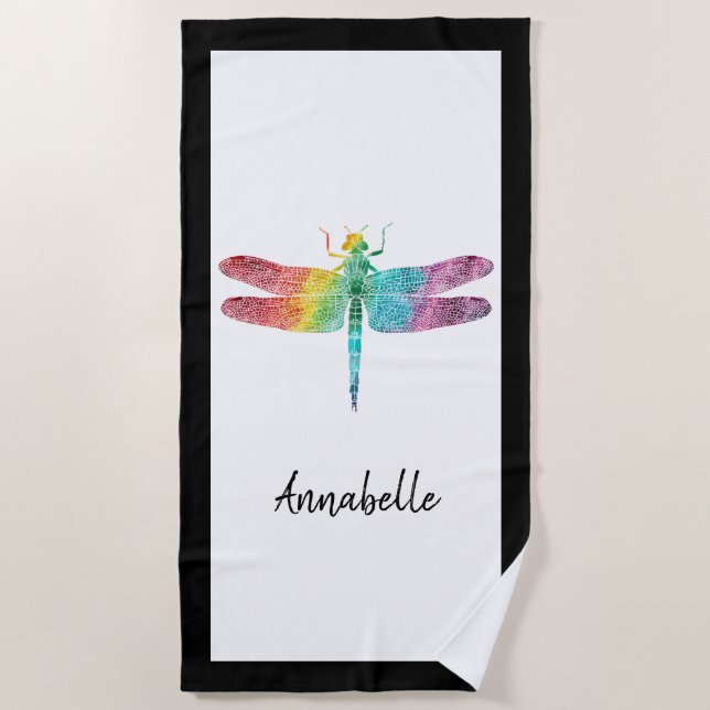 Toalla De Playa Libélula magnífica de la acuarela del arco iris (Anverso)