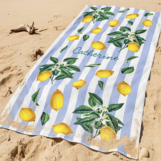 Toalla De Playa Limones Vintage Mediterráneos Nombre Rayas Azules