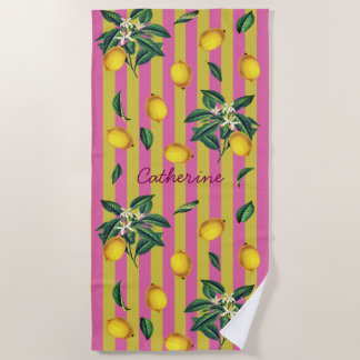 Toalla De Playa Limones Vintage Mediterráneos Nombre Rayas Rosas