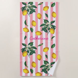 Toalla De Playa Limones Vintage Mediterráneos Rayas Rosas Nombre