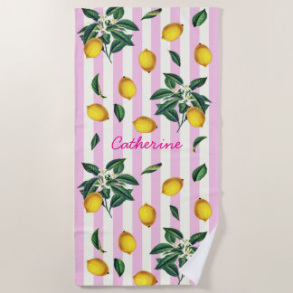 Toalla De Playa Limones Vintage Mediterráneos Rayas Rosas Nombre