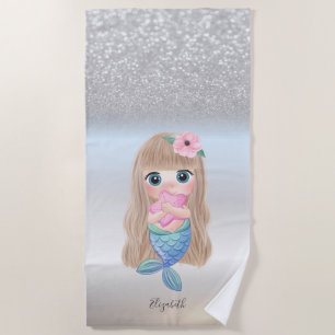 Toalla De Playa Linda Brillo Plateado Bokeh Sirena Estrella Femeni
