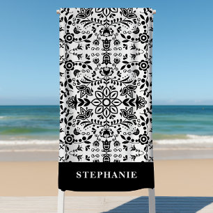 Toalla De Playa Lindo bandana escandinavo floral blanco y negro