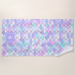 Toalla De Playa Lindo Monograma de Escamas de Sirena Rosa Purpura