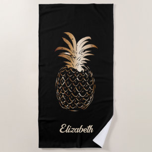 Toalla De Playa Lindo Piña Dorado y Negro Femenino - Personalizado