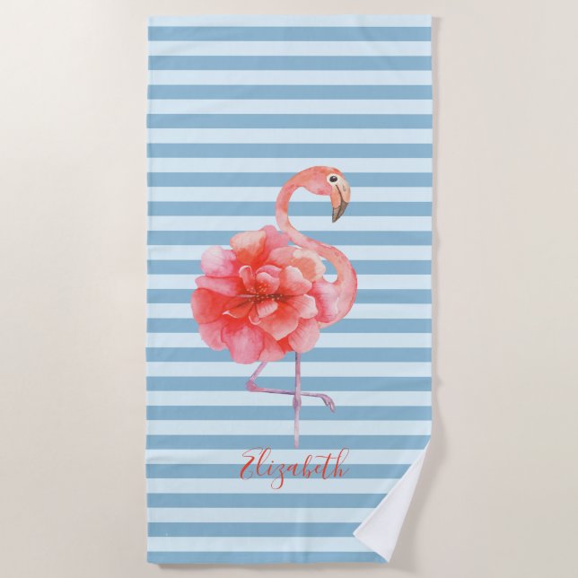 Toalla De Playa Lindos Flamingos Rosados Florales, Rayados (Anverso)