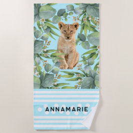 Toalla De Playa Lion Cub Cute Teal Tropical Rain Forest