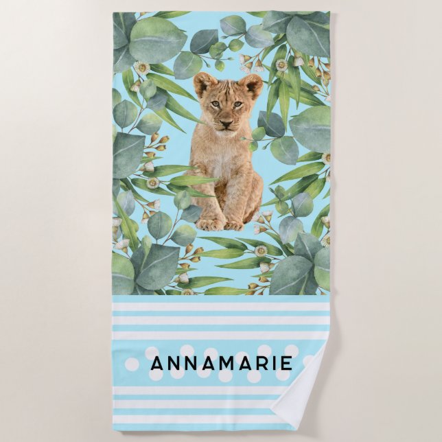 Toalla De Playa Lion Cub Cute Teal Tropical Rain Forest (Anverso)