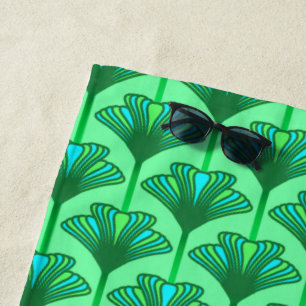 Toalla De Playa Lirio art déco, verde jade y turquesa