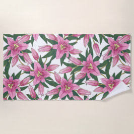 Toalla De Playa Lirios en flor en rosa pastel sobre blanco