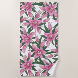 Toalla De Playa Lirios en flor en rosa pastel sobre blanco