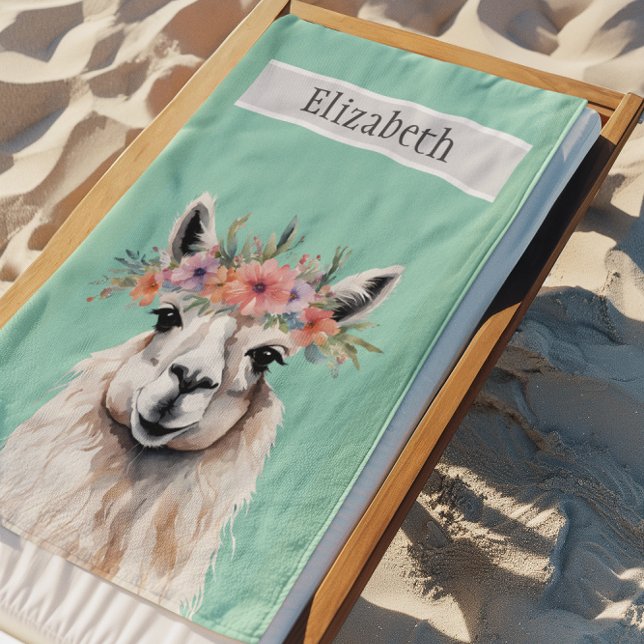Toalla De Playa Llama adorable flor silvestre Verde azulado nombre (Llama Wildflower Vacation Custom Beach Towel)