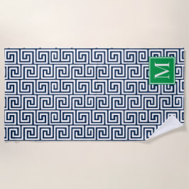 Toalla De Playa Llave Griega Monograma Preppy – Azul Marino y Verd