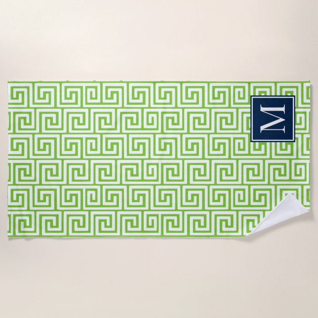 Toalla De Playa Llave Griega Monograma Preppy – Verde Lima y Azul  (Anverso)