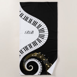 Toalla De Playa Llaves del piano del monograma y notas musicales