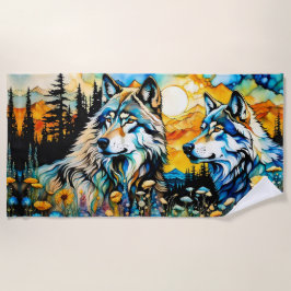 Toalla De Playa Lobo gris y flores silvestres