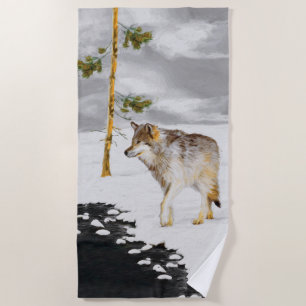Toalla De Playa Lobos en pintura de nieve - Arte de vida salvaje o