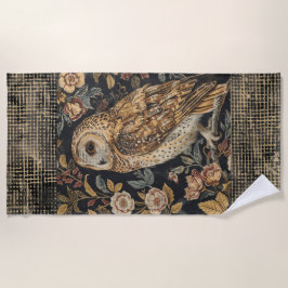 Toalla De Playa Lovely Owl in the Flowers Garden ,Gold Checkered ,