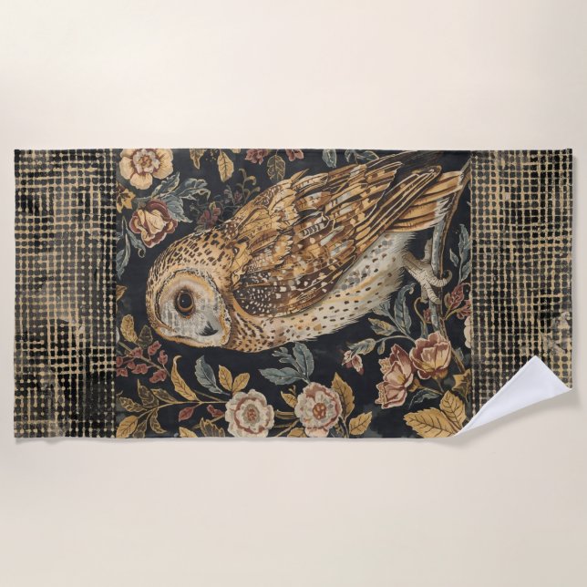 Toalla De Playa Lovely Owl in the Flowers Garden ,Gold Checkered , (Anverso)