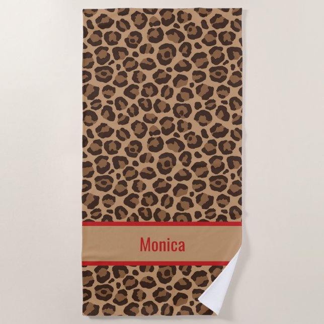 Toalla De Playa Lujo Rojo con Estampado de Leopardo (Anverso)