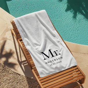 Toalla De Playa Lujoso Elegancia Negra y Blanca Mister Boda Fecha