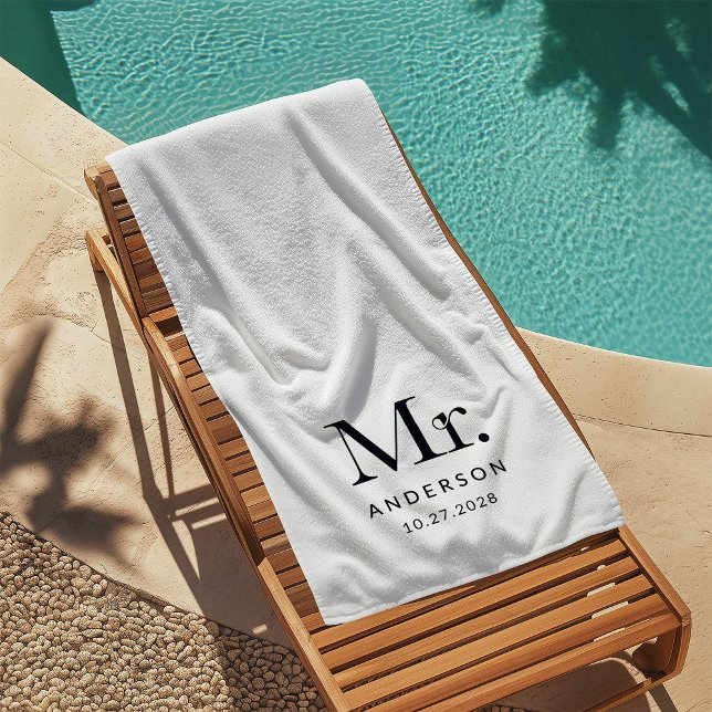 Toalla De Playa Lujoso Elegancia Negra y Blanca Mister Boda Fecha (Subido por el creador)