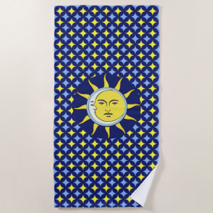 Toalla De Playa Luna y Sol en patrón de estrella azul y amarillo