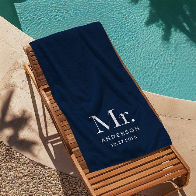 Toalla De Playa Luxe Elegance Navy Blue | Fecha de Boda y de Miste (Subido por el creador)