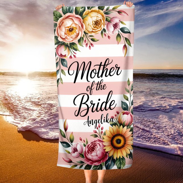 Toalla De Playa Madre de la novia rayas rosadas Boda floral (Subido por el creador)