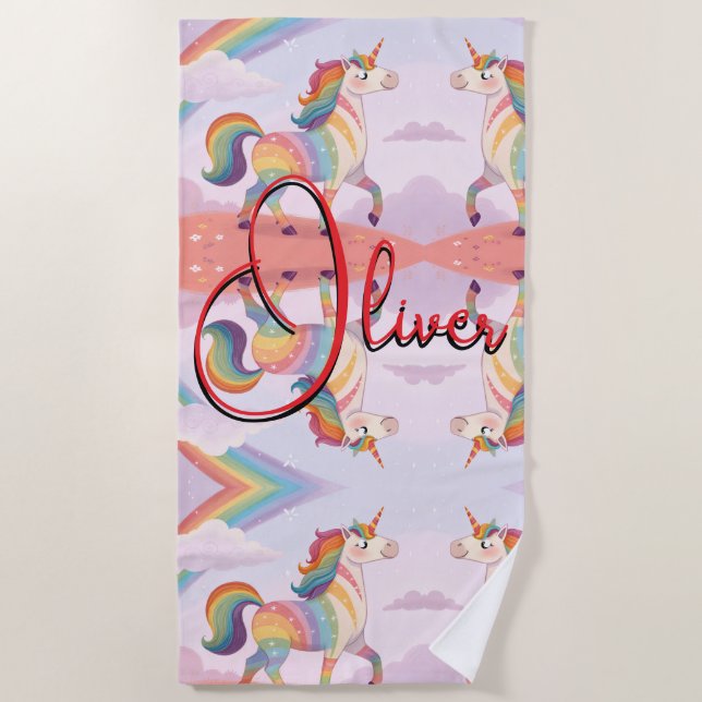Toalla De Playa Magical Rainbow Unicorn name Personalized  (Anverso)