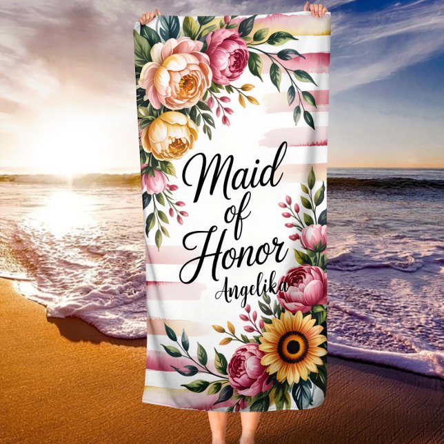Toalla De Playa Maid of Honor Pink Stripes Floral Bridal Party (Subido por el creador)