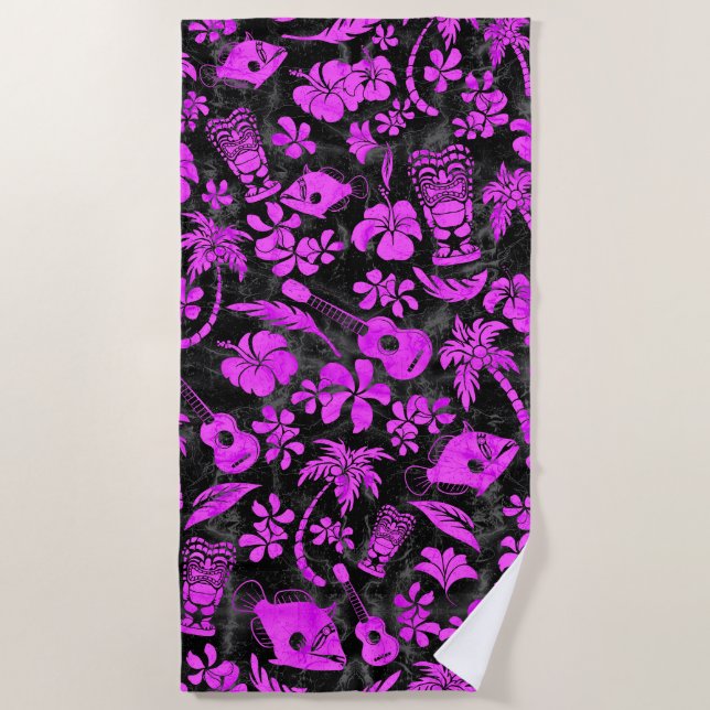 Toalla De Playa Makapuu Beach Hawaiian Batik Negro y Rosa (Anverso)