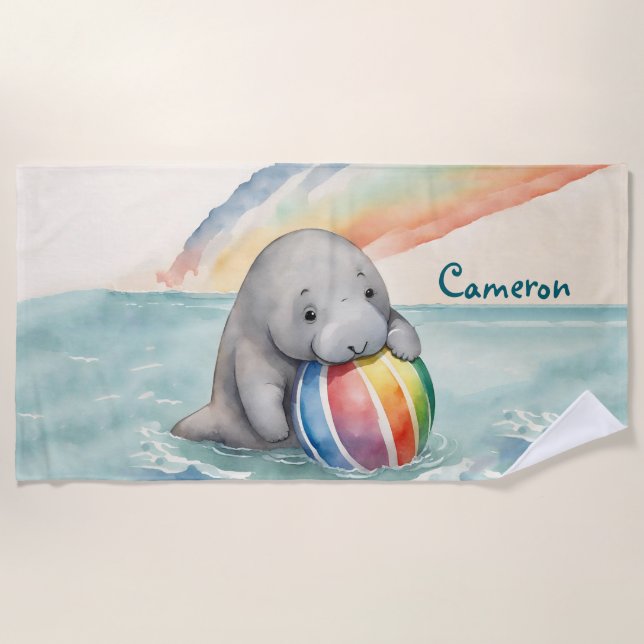 Toalla De Playa Manatee Cute Género Neutral Personalizado (Anverso)