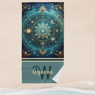 Toalla De Playa Mandala celeste Galaxia lunar Monograma de oro Ver