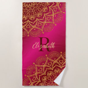 Toalla De Playa Mandala elegante rosa caliente verano monograma