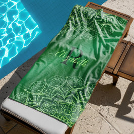 Toalla De Playa Mandala elegante verde esmeralda monogramada