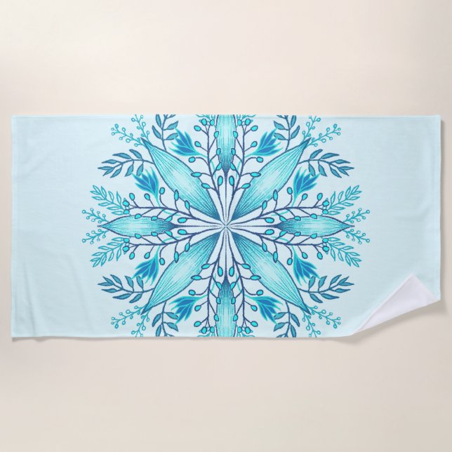 Toalla De Playa Mandala floral - Boho azul turquesa Snowflake (Anverso)