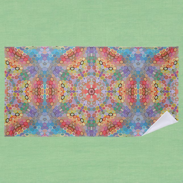 Toalla De Playa Mandalá Hexagonal Arcoíris (Rainbow Hexagon Mandala Beach Towel by Wormhole Orbital)