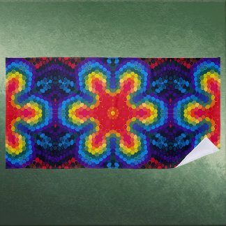 Toalla De Playa Mandalá Hexagonal Rojo Amarillo y Azul
