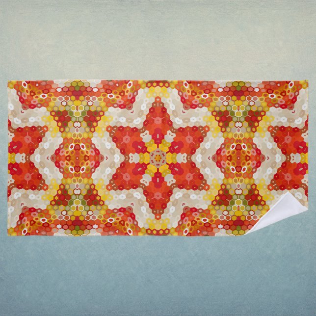 Toalla De Playa Mandalá Hexagonal Rojo y Amarillo (Red and Yellow Hexagon Mandala Beach Towel by Wormhole Orbital)