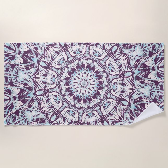 Toalla De Playa Mandala Spiritual Kaleidoscope Blue Purple White.  (Anverso)