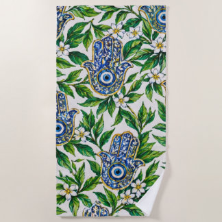 Toalla De Playa Mano de Fátima Azul con Patrón Floral Hamsa