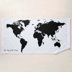 Toalla De Playa mapa gráfico negro del mundo en blanco