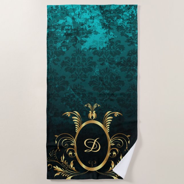 Toalla De Playa Marco dorado Damask personalizado de lujo (Anverso)