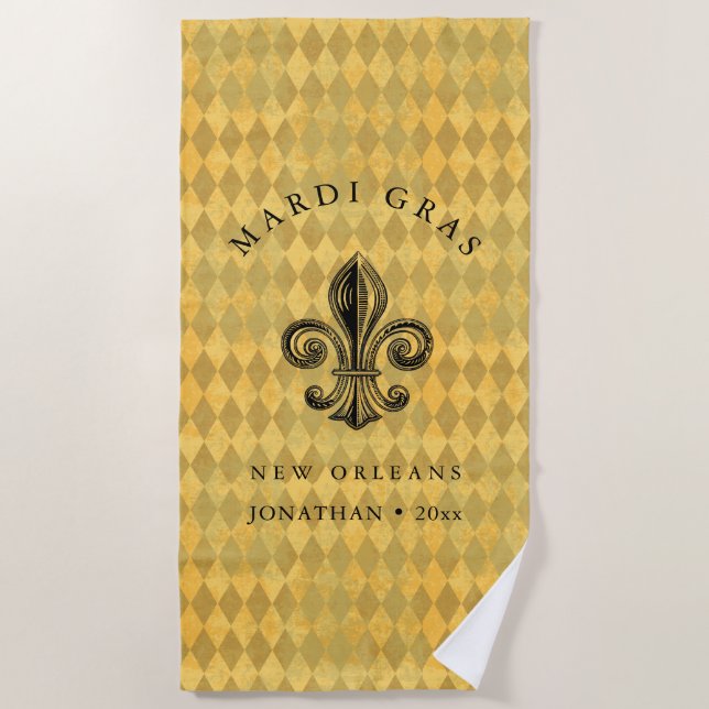 Toalla De Playa Mardi Gras Fleur-de-lis Harlequin Añadir nombre y  (Anverso)