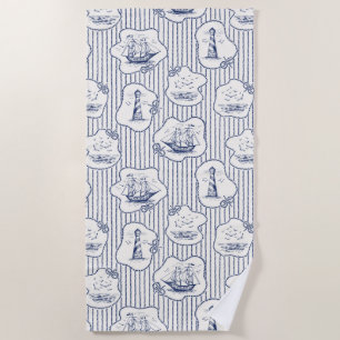 Toalla De Playa Marine Elements Blue White Lighthouse Ship