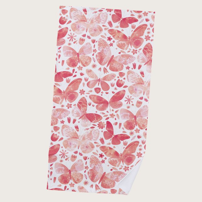 Toalla De Playa Mariposa Acuarela Rosa (Coral blush pink watercolor butterfly pattern art beach towel)