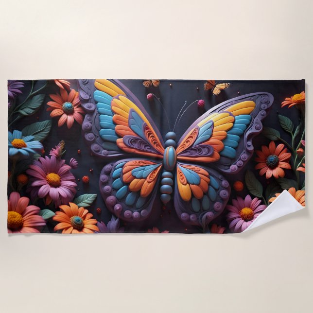 Toalla De Playa mariposa en una flor (Anverso)