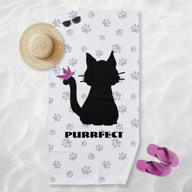 Toalla De Playa Mariposa rosa negra de silueta de gato en cola y h (Black Cat Silhouette Pink Butterfly on Tail & Paws Beach Towel)