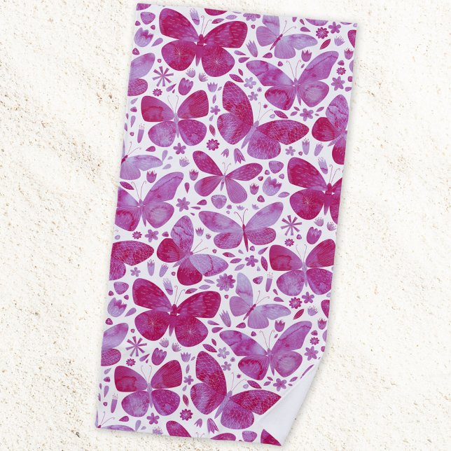 Toalla De Playa Mariposas Acuarela Magenta Rosa (Magenta hot pink watercolor butterfly pattern art beach towel)
